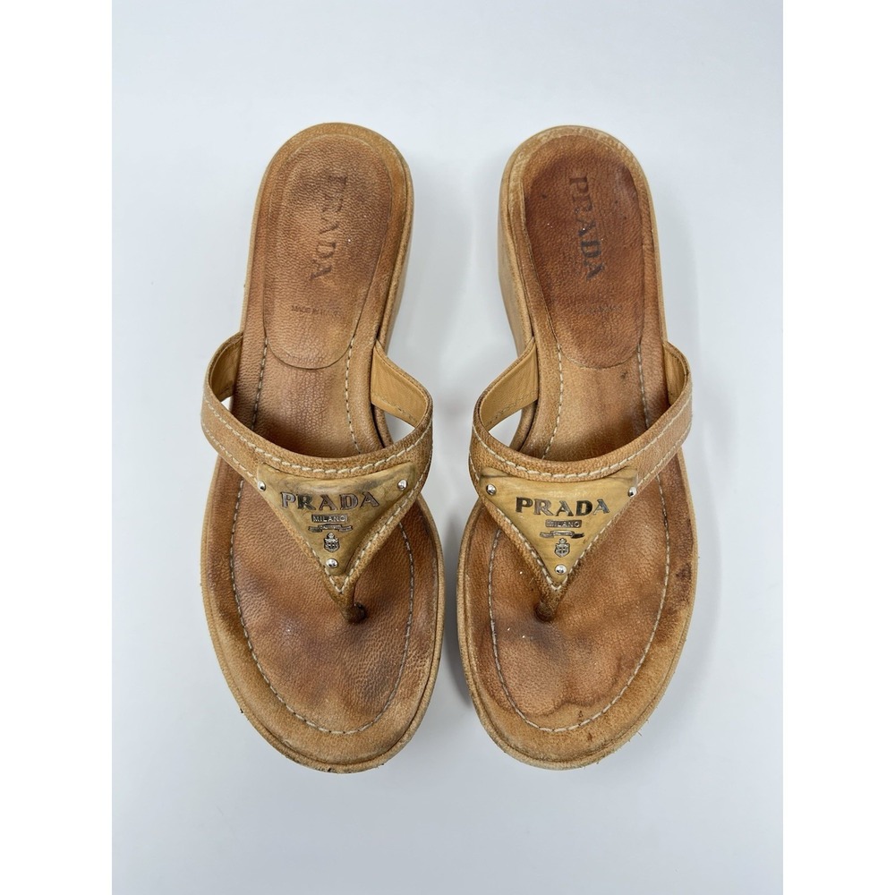 Vintage Prada 90s Y2K Brown Tan Triangle Logo Platform Wedge Thong Sandals 37 7 - Picture 2 of 10